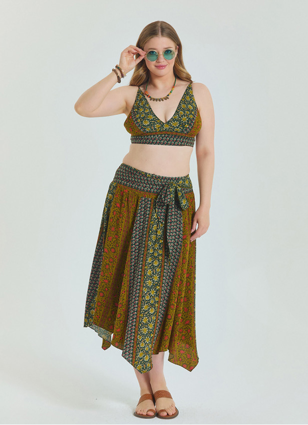 Green Plus Size Skirt with Waist Tie and Gipe Detail 4592